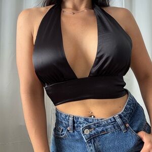 Black Halter Neck Satin Top